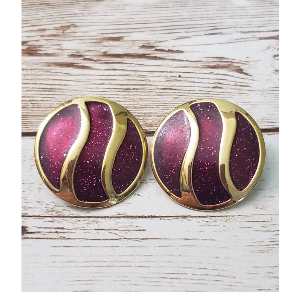 Vintage Clip On Earrings - Dark Red With A Slight Purple Hue Statement